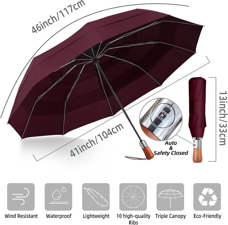 MasterUmbrella 3-Layer Vented Canopy Windproof Commuter Umbrella for Rain, Auto Open/Close, 10 Fiberglass Ribs, Wooden Handle, 13" Folded, 47" Large Coverage for 1–2 People, Lifetime Replacement - Image 3
